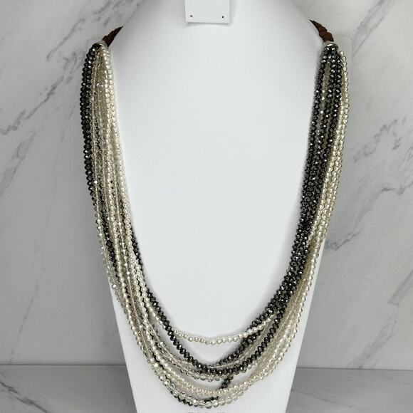 Chico's Multi Strand Beaded Statement Necklace Silver Tone Brown Cord ✨ - Picture 1 of 11